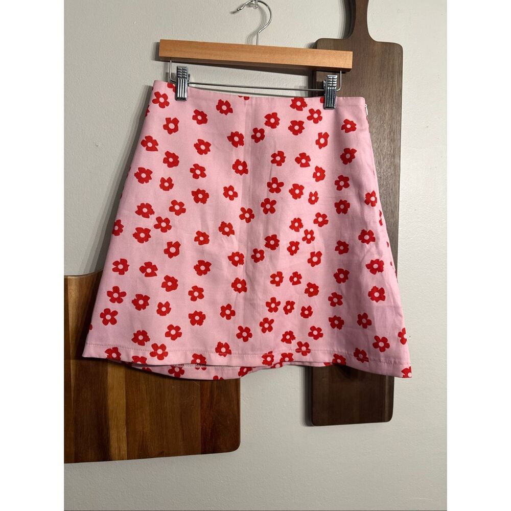 Cider Pink Red Flowers Swirl High Waisted A-Line Mini Skirt Size Small
